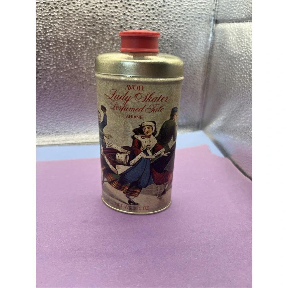 Vintage 1970's Avon perfumed Talc Tin In Ariane scent Bottle Lady Skater 3.75 Oz